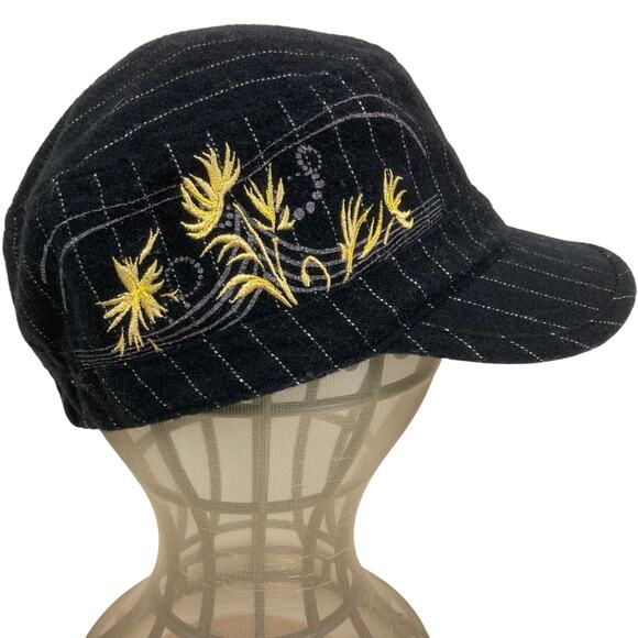 Mountain Hardwear Cadet Cap Women Black Yellow Embroidery Floral Pinstripe Wool - Picture 1 of 6